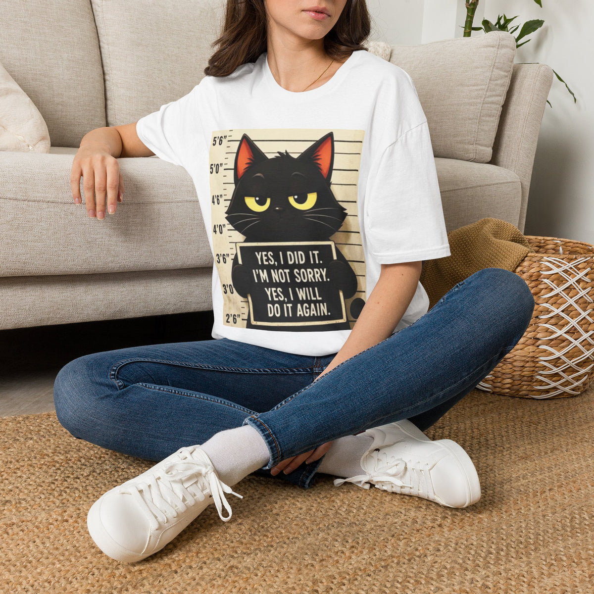 Mugshot Black Cat T-Shirt — “Yes I Did It, I’m Not Sorry” Cat Mugshot Tee