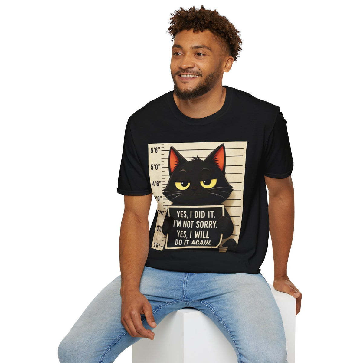 Mugshot Black Cat T-Shirt — “Yes I Did It, I’m Not Sorry” Cat Mugshot Tee
