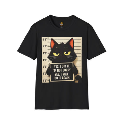 Mugshot Black Cat T-Shirt — “Yes I Did It, I’m Not Sorry” Cat Mugshot Tee