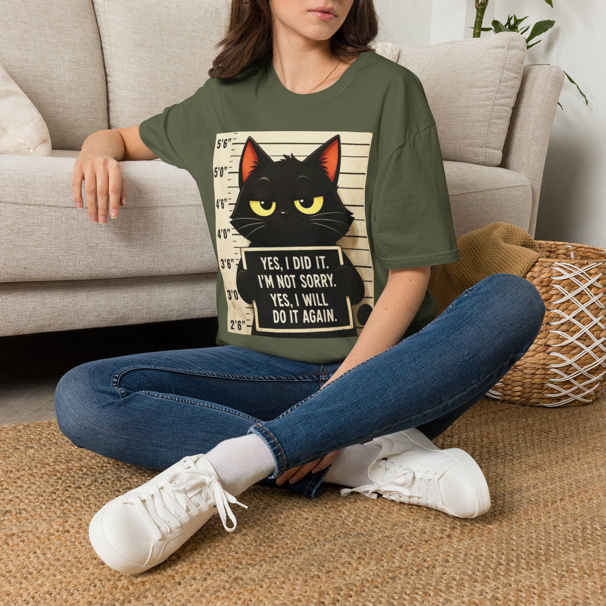 Mugshot Black Cat T-Shirt — “Yes I Did It, I’m Not Sorry” Cat Mugshot Tee