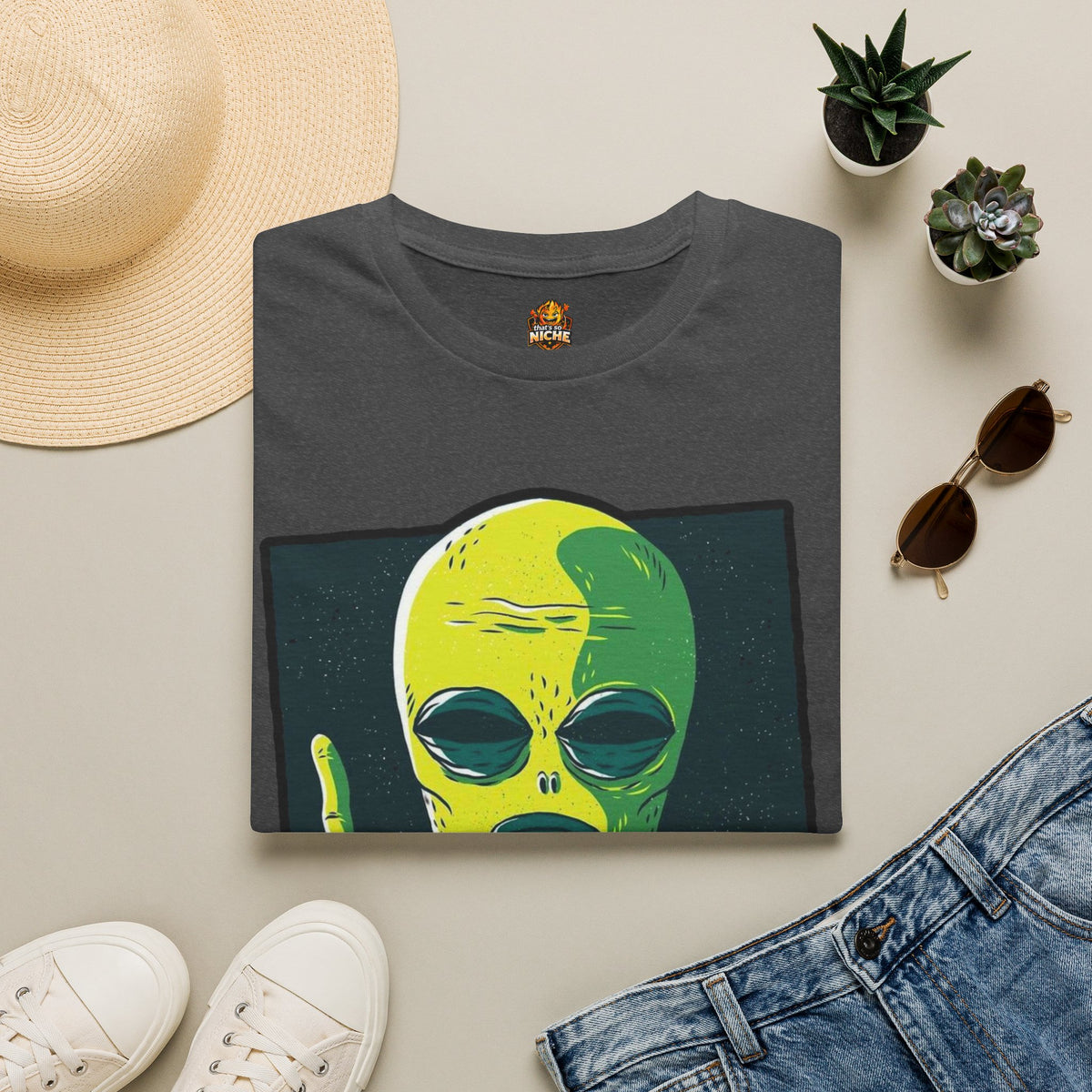 Alien Graphic T-Shirt — Retro Green Alien Flipping Off Humans Tee