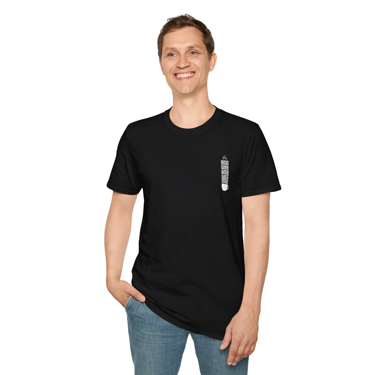 Coffee T-Shirt — "Ideas Come After Coffee" Minimal Pocket Graphic