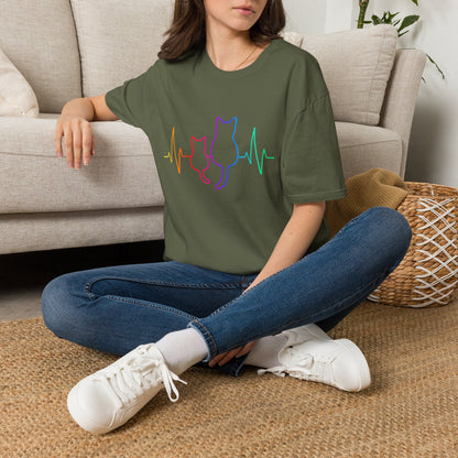 Cat Heartbeat T-Shirt — Rainbow Paw Pulse Graphic Tee