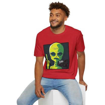 Alien Graphic T-Shirt — Retro Green Alien Flipping Off Humans Tee