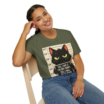 Mugshot Black Cat T-Shirt — “Yes I Did It, I’m Not Sorry” Cat Mugshot Tee
