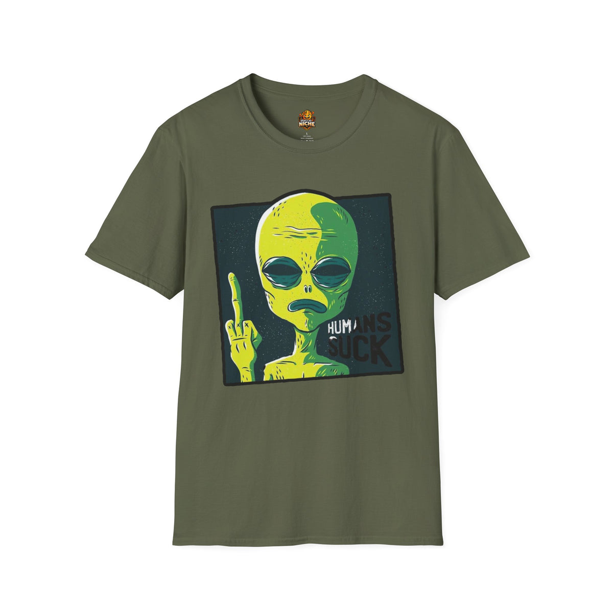 Alien Graphic T-Shirt — Retro Green Alien Flipping Off Humans Tee