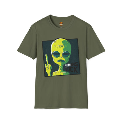Alien Graphic T-Shirt — Retro Green Alien Flipping Off Humans Tee