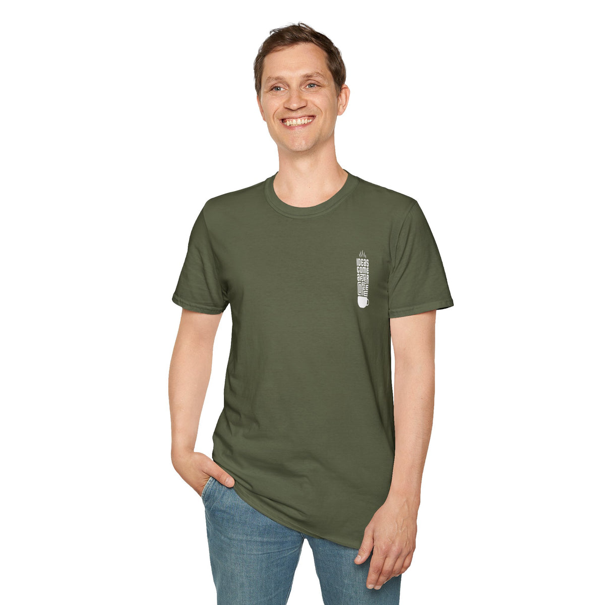 Coffee T-Shirt — "Ideas Come After Coffee" Minimal Pocket Graphic