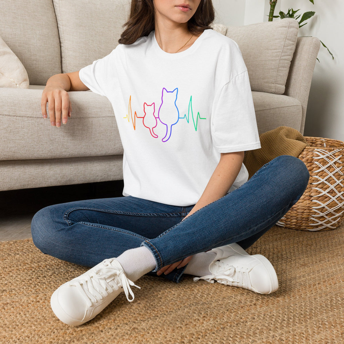 Cat Heartbeat T-Shirt — Rainbow Paw Pulse Graphic Tee