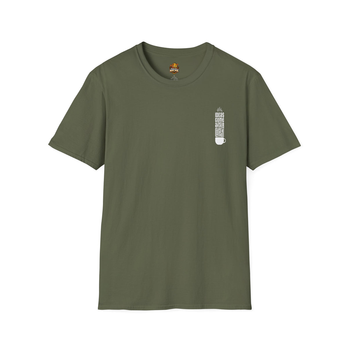 Coffee T-Shirt — "Ideas Come After Coffee" Minimal Pocket Graphic