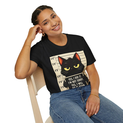 Mugshot Black Cat T-Shirt — “Yes I Did It, I’m Not Sorry” Cat Mugshot Tee