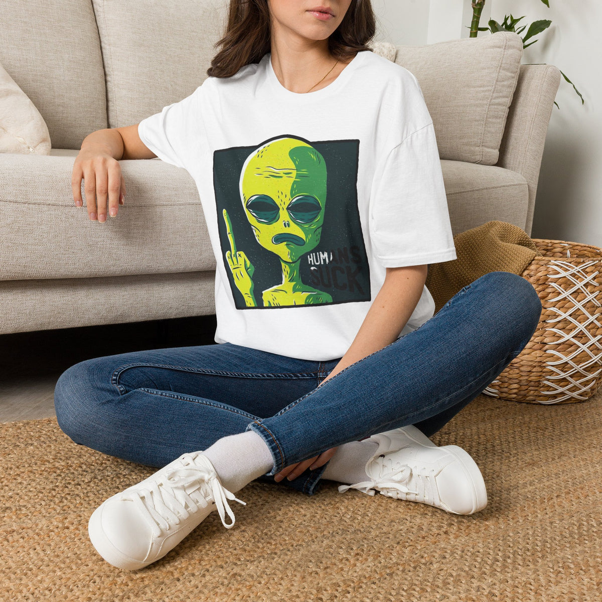 Alien Graphic T-Shirt — Retro Green Alien Flipping Off Humans Tee