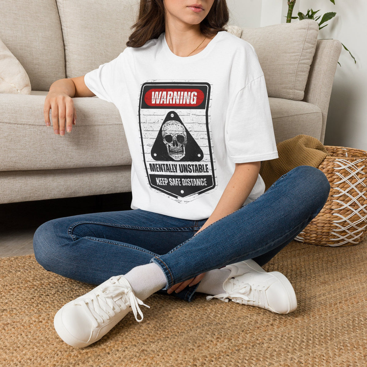 Warning Mentally Unstable T-Shirt — Distressed Skull Graphic Tee
